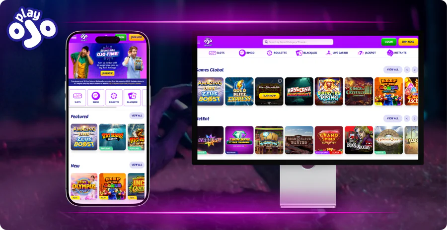 Play OJO casino login interface comparison mobile desktop
